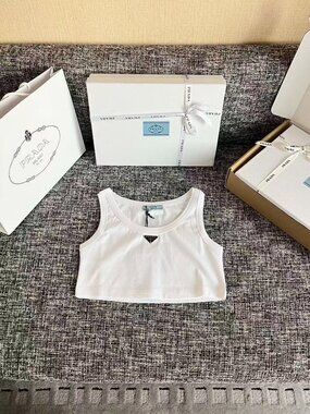 Prada White Cropped Tank Top with Triangle Logo